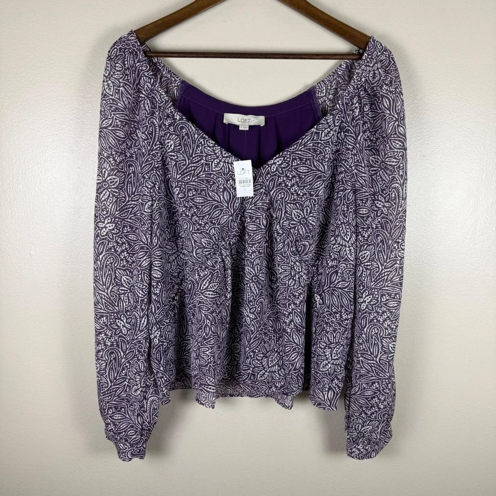 LOFT Women's L Blouse Purple Paisley Floral Puff Sleeve V-Neck Office Formal NEW